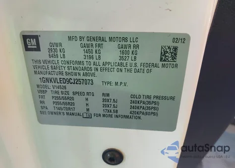 2012 Chevrolet Traverse Ltz z USA, uszkodzony, nr VIN 1GNKVLED9CJ257073